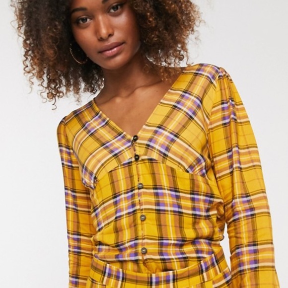 ASOS Tops - ASOS Plaid Gold Purple V-Neck Button Front Top